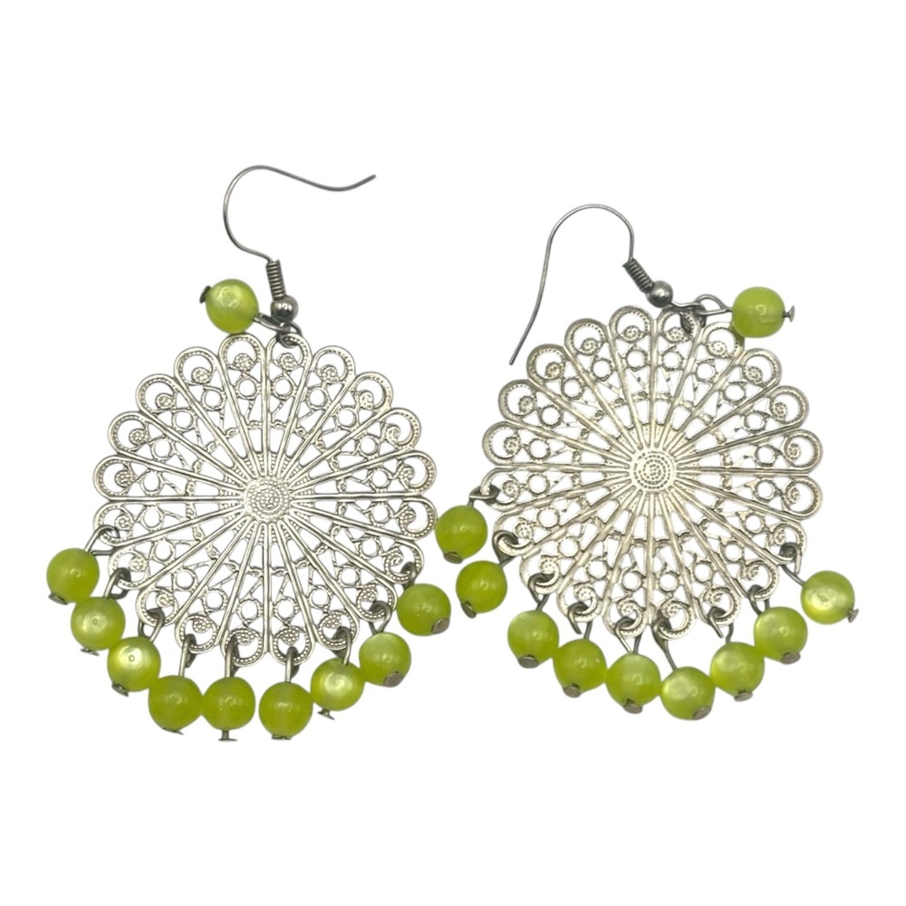 Silver‎ Toned Dangle Filigree Medallion Boho Earrings With Green Bead Drops